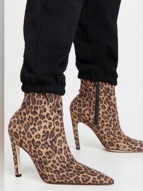 Good American Faux Suede Leopard Print Pointed Toe Stiletto Ankle Boots Size 8